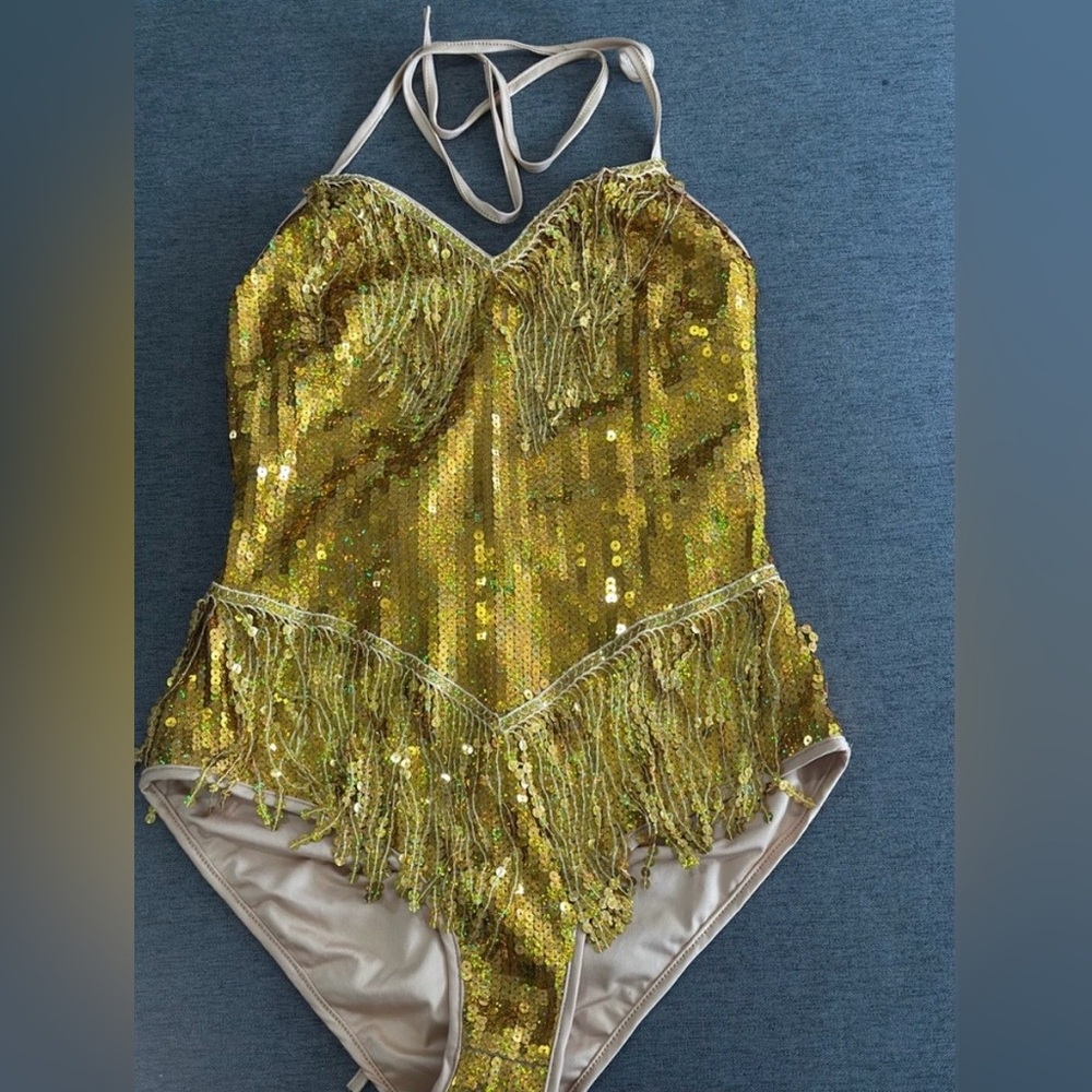 NWT Gold Sequin Fringe Bodysuit